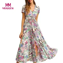 MUQGEW женское летнее платье с цветочным принтом, шифоновое, на пуговицах, с высокой талией, с разрезом, Струящееся, вечерние, макси платье, vestido de festa longo