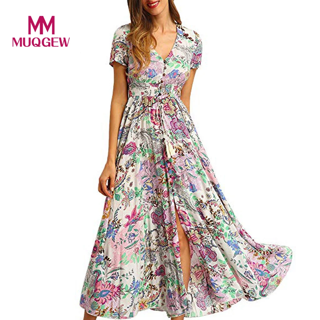 

MUQGEW Women Summer Dress Floral Printing Chiffon Button High waist Up Split Flowy Party Maxi Dress vestido de festa longo