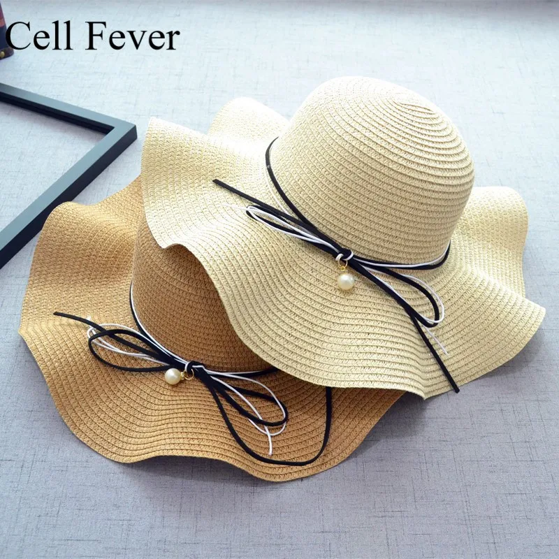 

Spring Summer Straw Hat Visors Cap with Pearl Foldable Wide Brim Sun Hat Outdoor Beach Hats For Women Fashion