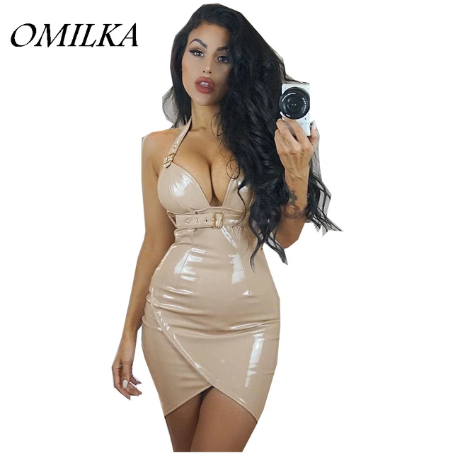 Omilka 2018 Spring Women Sleeveless Strap Backless Pu Leather Bodycon Dress Sexy Nude Black Red Irregular Omilka 2018 Spring Women Sleeveless Strap Backless Pu Leather Bodycon Dress Sexy Nude Black Red Irregular