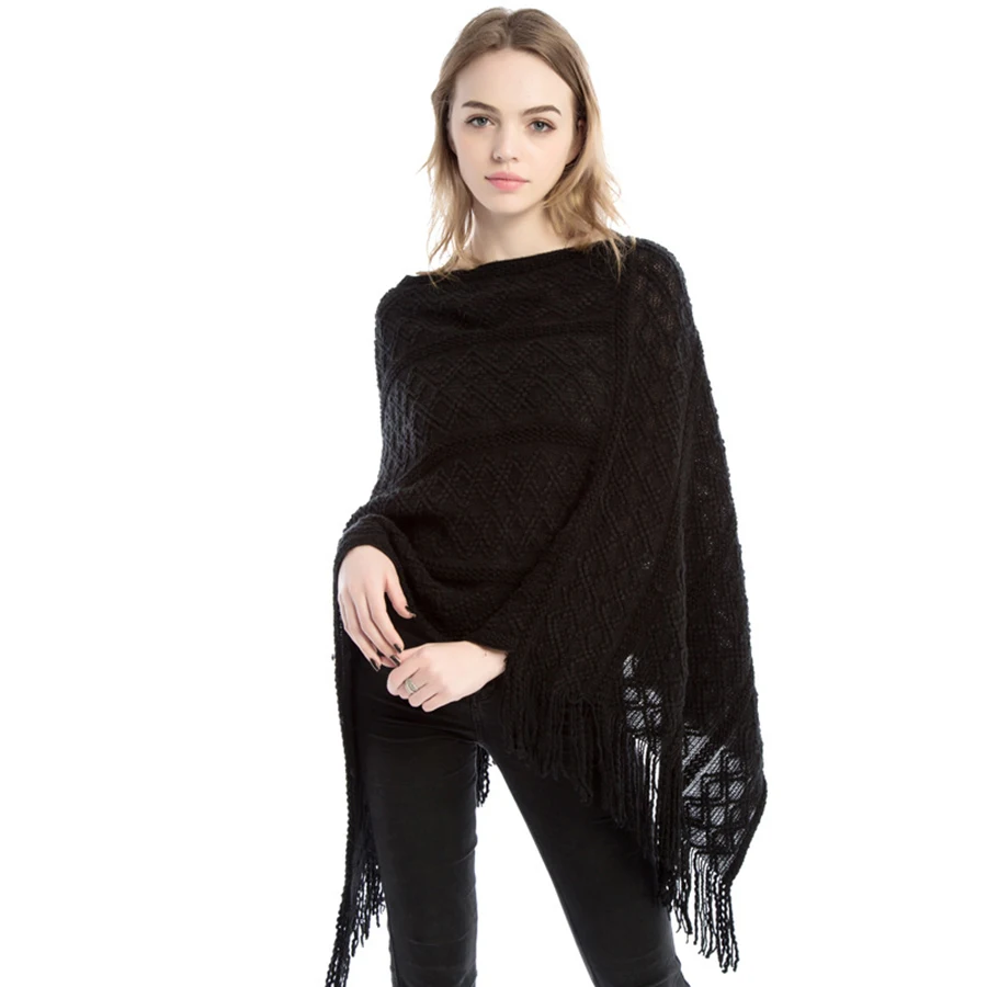 

Plaid Cape Kitted Stripe Tassel Poncho Sweater Faux Cashmere Red Outerwear Bohemian Winter Sleeveless Nchos y Capas Mujer F