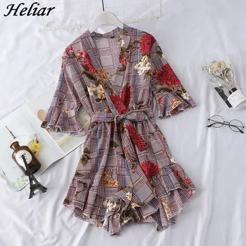 

HELIAR 2019 Women Sexy V-Neck Playsuit Chiffon Polka-Dot Jumpsuits Rompers Long Sleeve Party Female Loose Falbala Jumpsuits