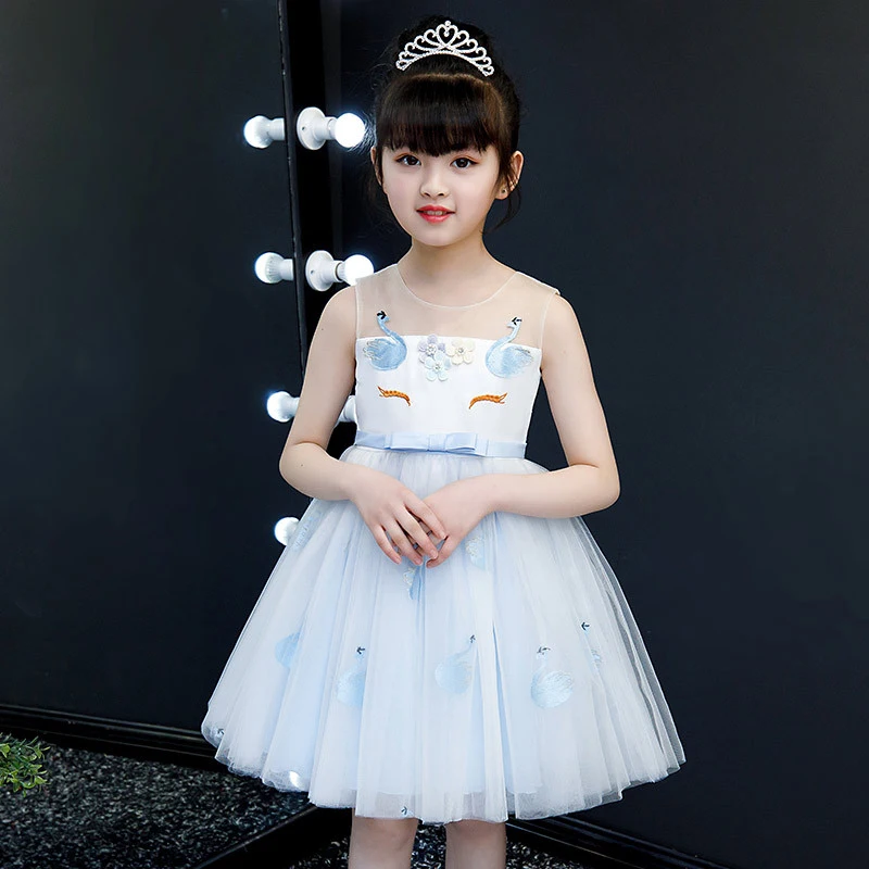 

Summer Girl Dress Cartoon Unicorn Swan Blue Mesh Dress Ball Gown O-neck Sleeveless Dresses for Girl Children's Clothing