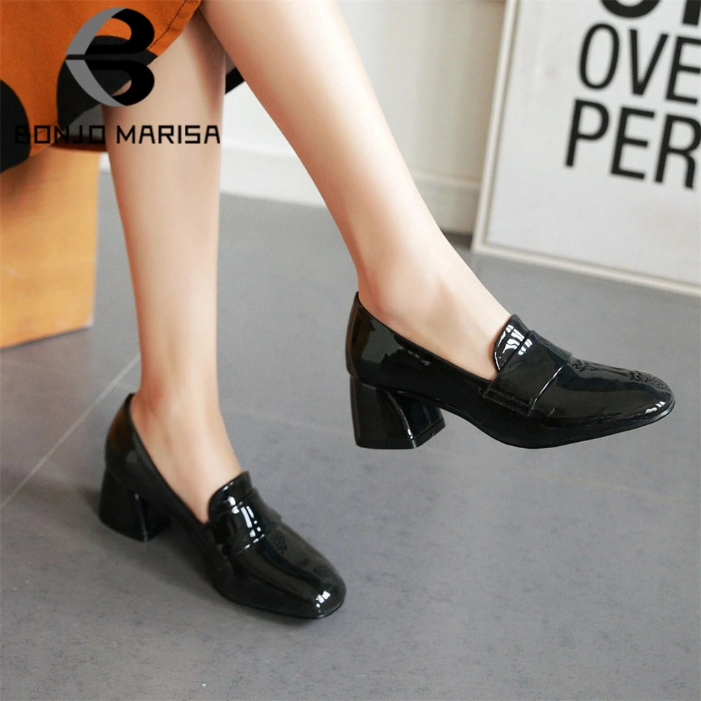 

BONJOMARISA 2020 Spring Big Size 33-43 Elegant Women High Heels Pumps Office Ladies Patent Pu Shoes For Work Shallow Footwear