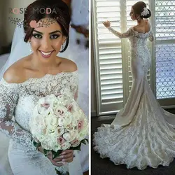 Роза Moda с открытыми плечами Длинные рукава Русалка свадебное платье 2019 кружевным шлейфом