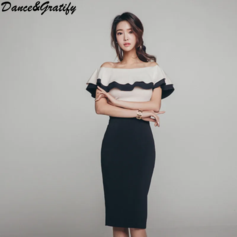 

Women Korean Sexy Slash Neck RuFFLES Patchwork Office Work Sundress 2018 New Summer Fashion Bodycon Club Party Dress