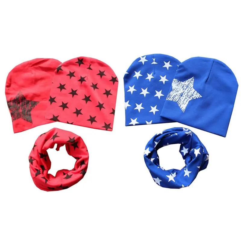 Комплект из 2 предметов: шапка+ 1 шарф; детский хлопковый головной убор со звездами для маленьких мальчиков и девочек