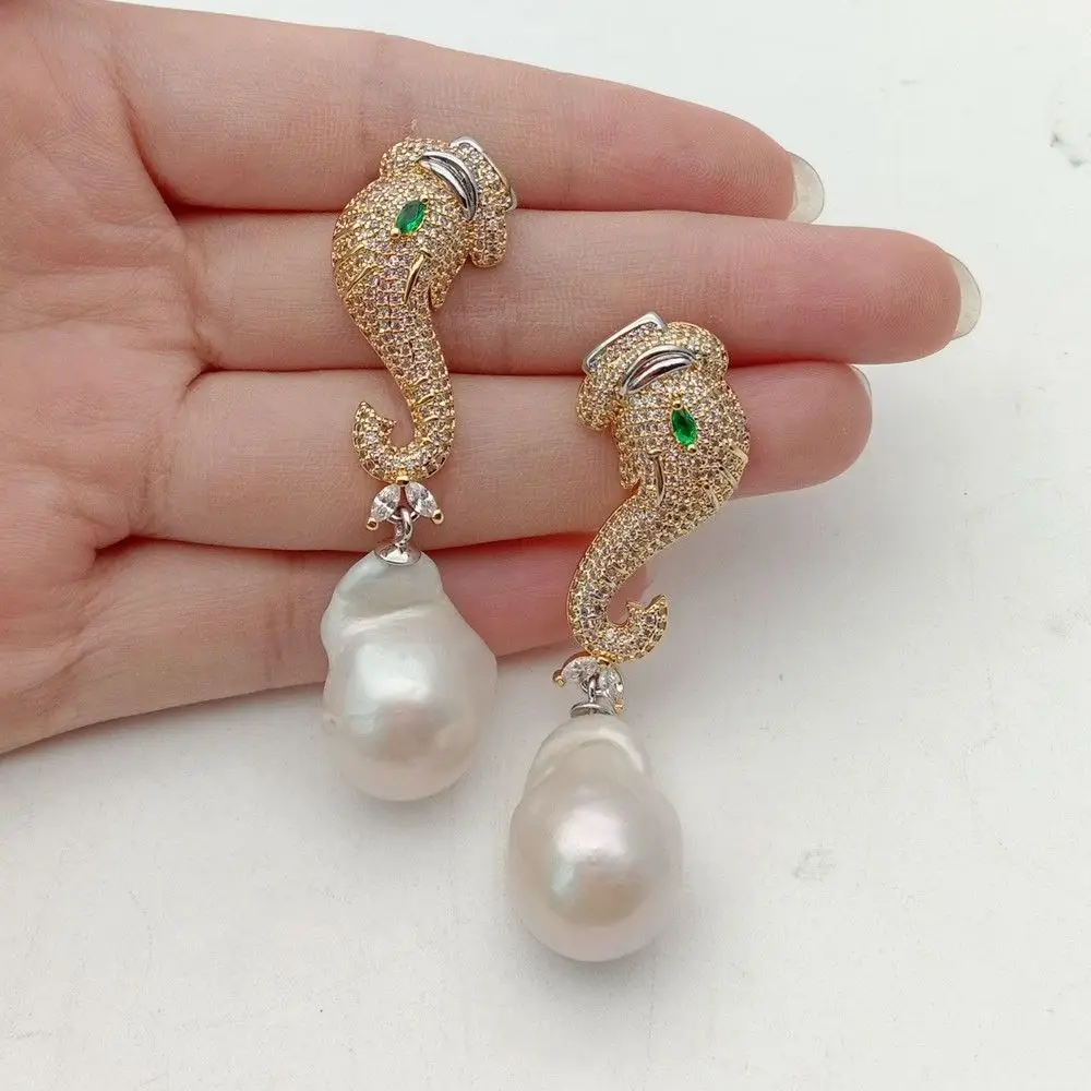 

White Keshi Pearl Earrings CZ Pave Elephant