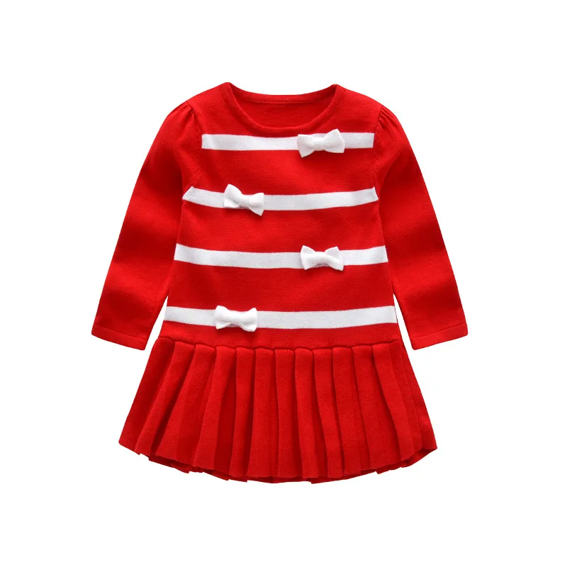Little girls knitwear Dress Sweater pleated skirt bow stripped Aline