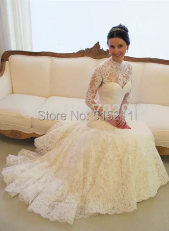 elegante vestido de novia de manga larga de cuello alto vestido de