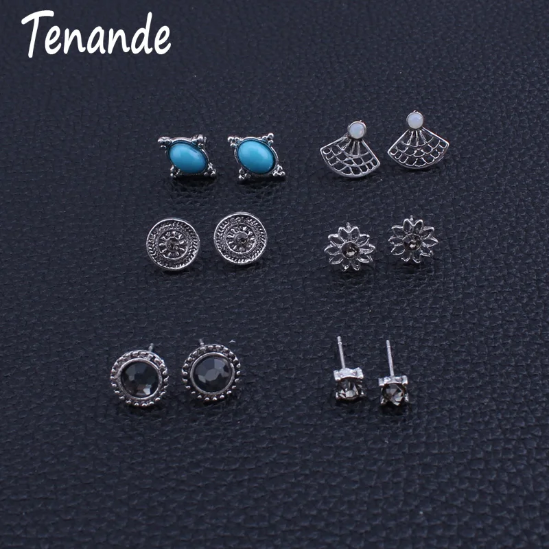 Tenande 6 Pairs/Set Boho Hollow Natural Stone Beads Crystal Coin Sector Flowers Earrings Set for Women Vintage Brincos Bijoux | Украшения и