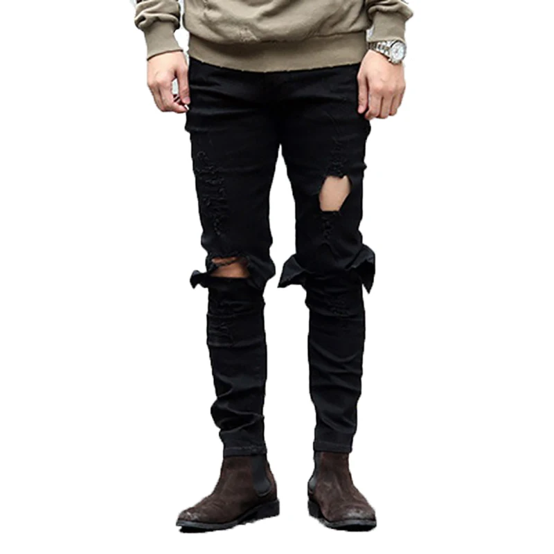 2018 модные Для мужчин байкерские джинсы хип-хоп Street дизайнер рок-звезда уничтожены рваные брюки Skinny Distressed удобные брюки