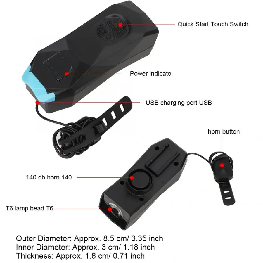 Intelligent Bicycle Front Light 140dB Horn Headlight Touch Switch USB Charging Mountain Bike Light Horn Induction lamp