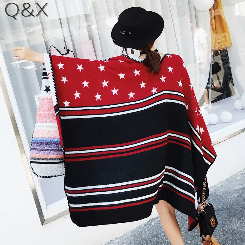 

SC17 2018 Luxury Brand Women Cashmere Scarf Double Side Five-Pointed Star Pattern Shawls and Scarves Lady Winter Cape Poncho