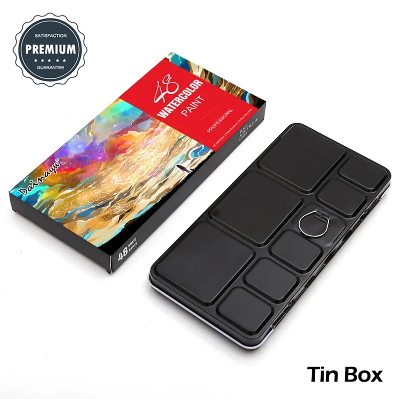 DAINAYW Portable 48Colors Pigment Solid Watercolor Paints Set Tin box Paint Set with 48Colors Half Pan 2 Brush Pen Water paper