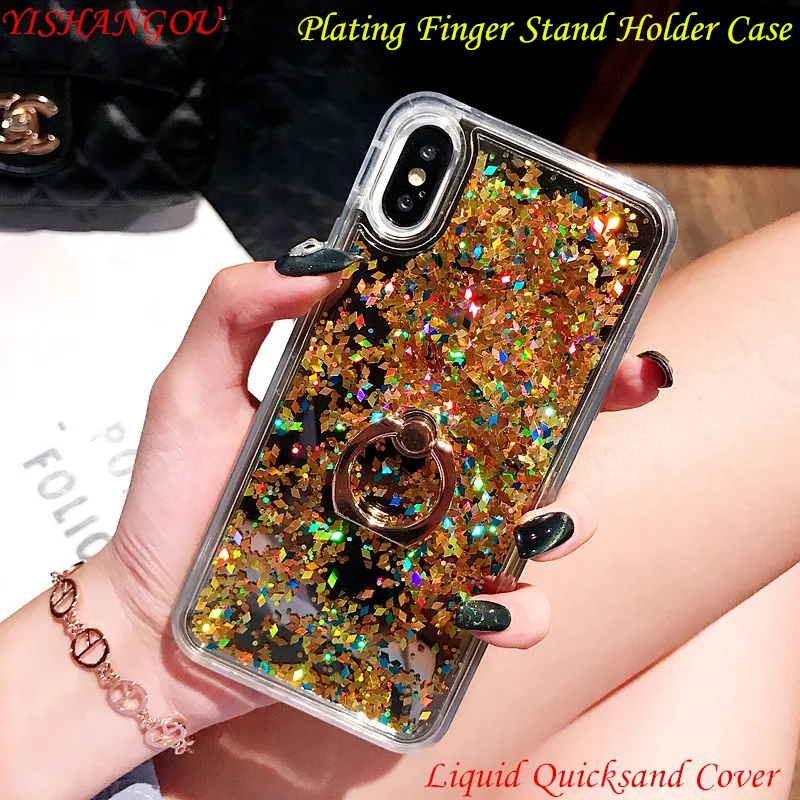 

Luxury Plating Finger Stand Holder Case For iPhone X 7 8 Plus Liquid Quicksand Glitter Sequin Cover For iPhone X 6 6S Plus Cases