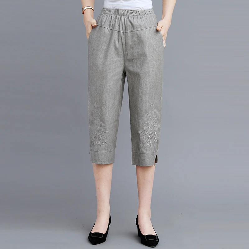 

Woman Cotton Linen Pencil Pants 2019 Spring Summer New Plus Size Mother Clothing Solid Elastic High Waist Casual Capris
