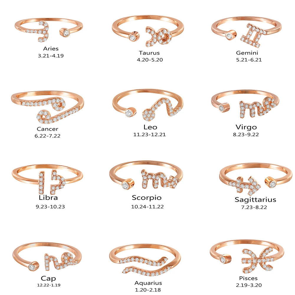 

ROMAD 12 Constellations Zodiac Sign Finger Rings For Women Girls Fashion Rose Gold Adjustable Cubic Zirconia Lady Cocktail Rings