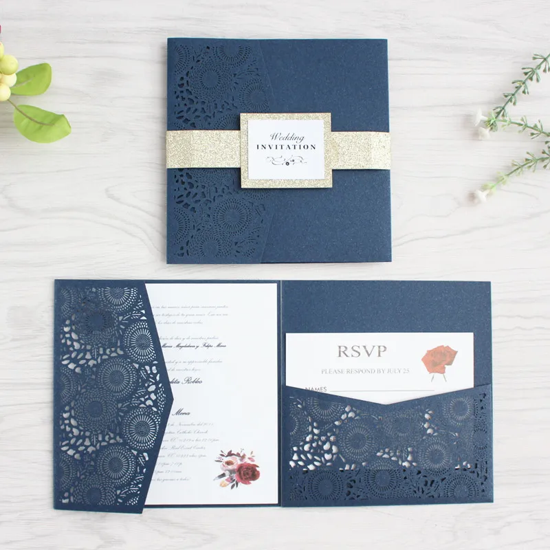 

Pocket flower wedding card with RSVP envelop glittery belly band tri-folding laser cut invitations free printing free ship