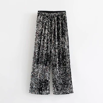 

Women Shinny Fashion Long Party Pants 2019 New Arrival Adjustable High Waist Straight Casual Loose Trousers pantalones mujer