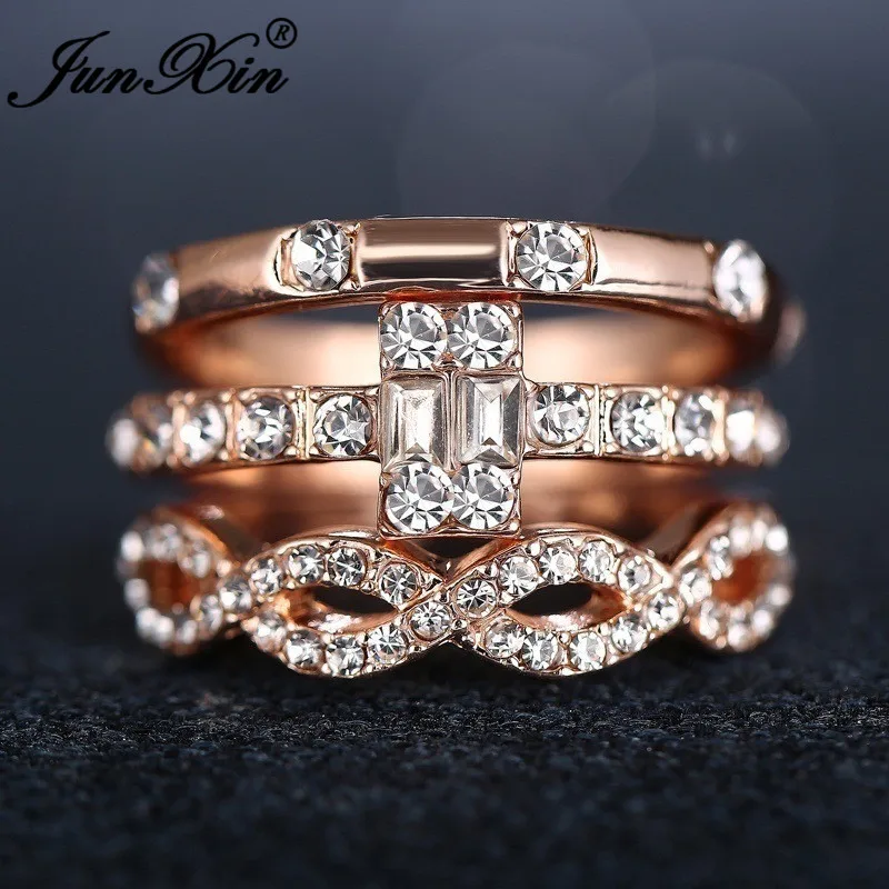 JUNXIN дешевые тройное кольцо наборы для женщин однотонный цвет розовое золото Белый Хрустальный циркониевый Крест Бесконечность Кольцо женское стекируемое свадебное кольцо