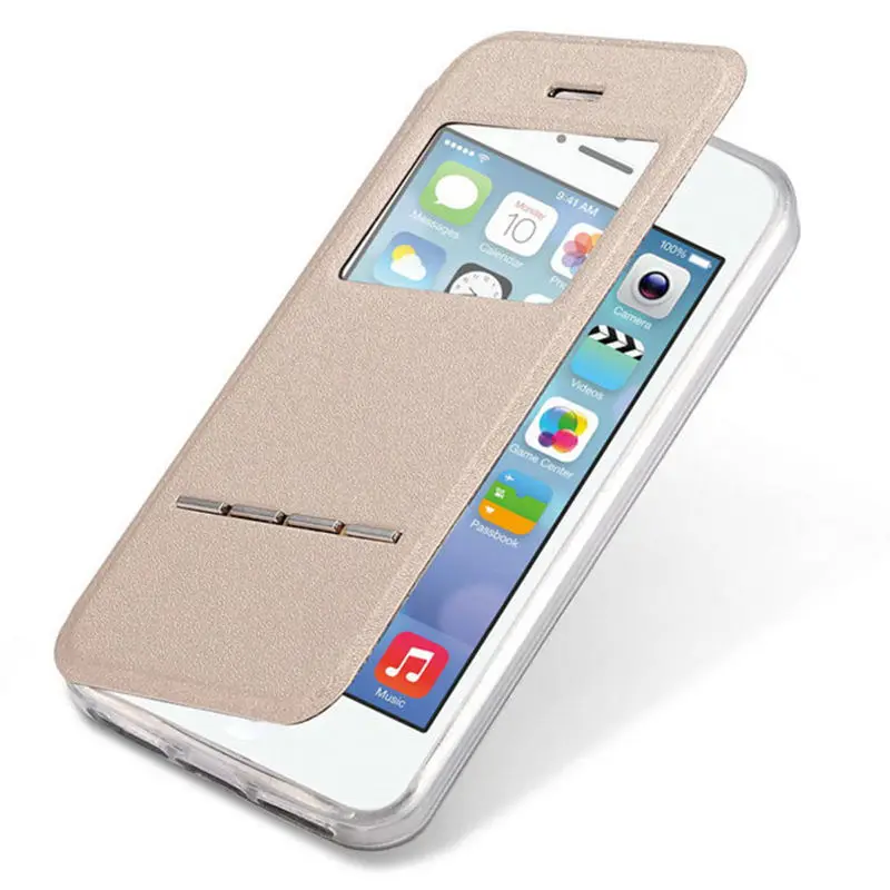 

Flip Shell for iphone 5S On 5 5s SE 4.0 inch cases Smart Sliding Answer Front Window View PU Leather + Silicone Case Coque Cover