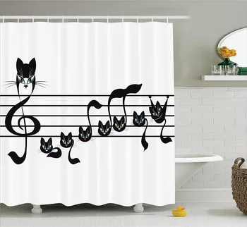 

Cat Artwork Notation Tune Children Halloween Style Shower Curtain Printing Waterproof Mildewproof Polyester Fabric Bath Curtain