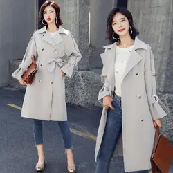 Женская верхняя одежда Femme Для женщин осень Тренч для Для женщин регулируемый пояс Тонкий двубортный одноцветное пальто серый длинный плащ