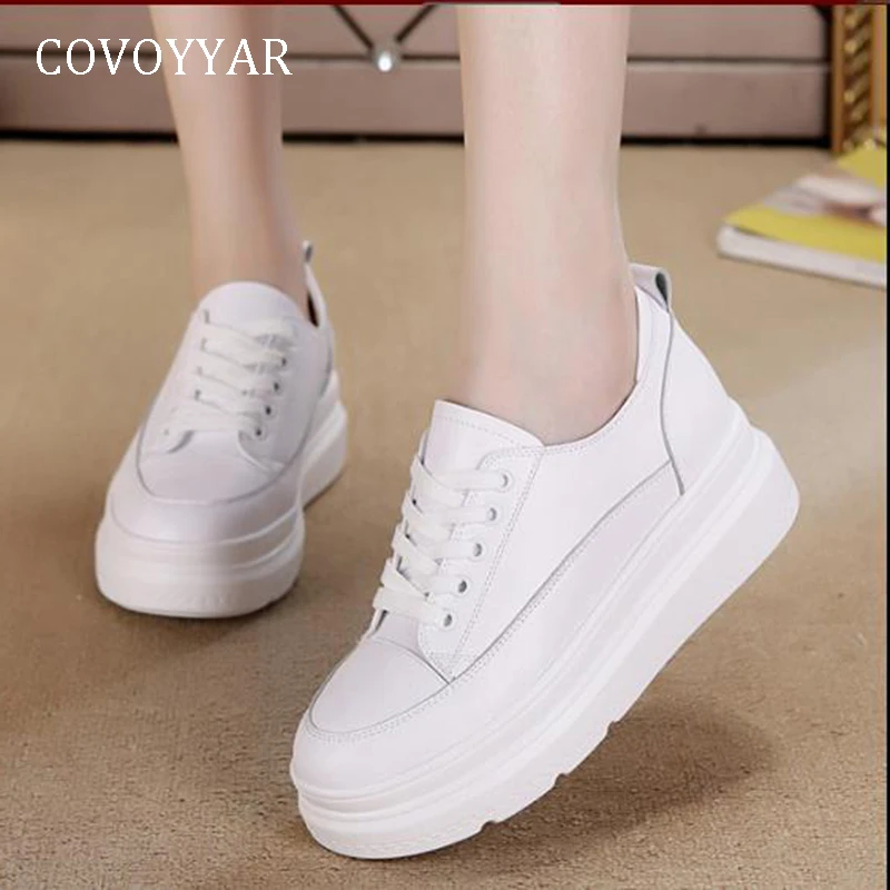 

COVOYYAR 2019 Platform Women Shoes White Casual Shoes Hidden Wedge Woman Sneakers Lace Up Leather Summer Lady Shoes WSN239