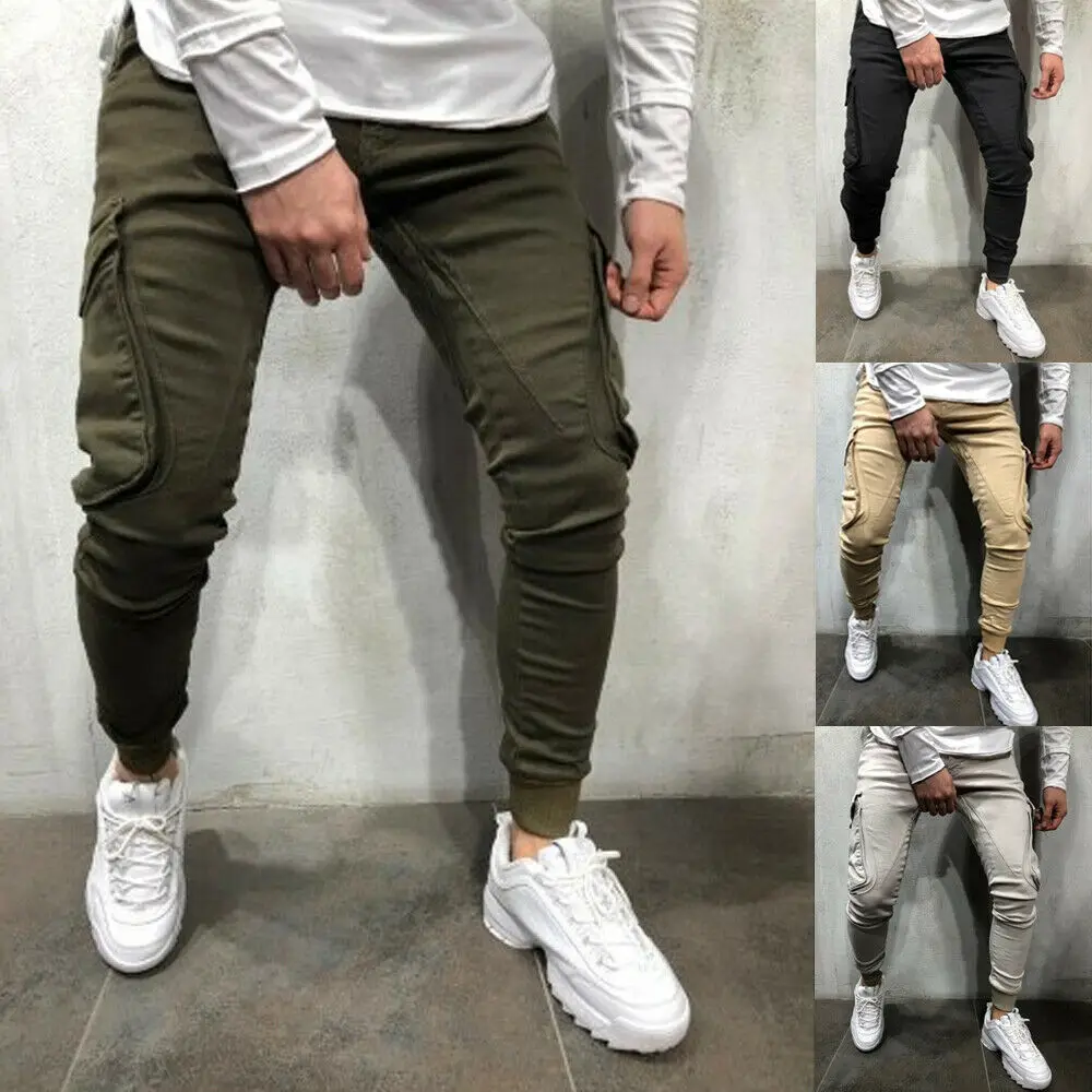 

New Fashion Trend Men Casual Slim Skinny Fit Sport Long Pencil Pant Bottoms Joggers Simple unique Pockets Design Daily Trousers