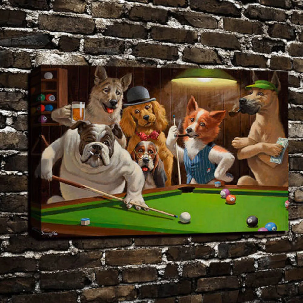 

Home Art Wall Dogs Playing Pool billiards Oil Painting Picture Printed On Canvas