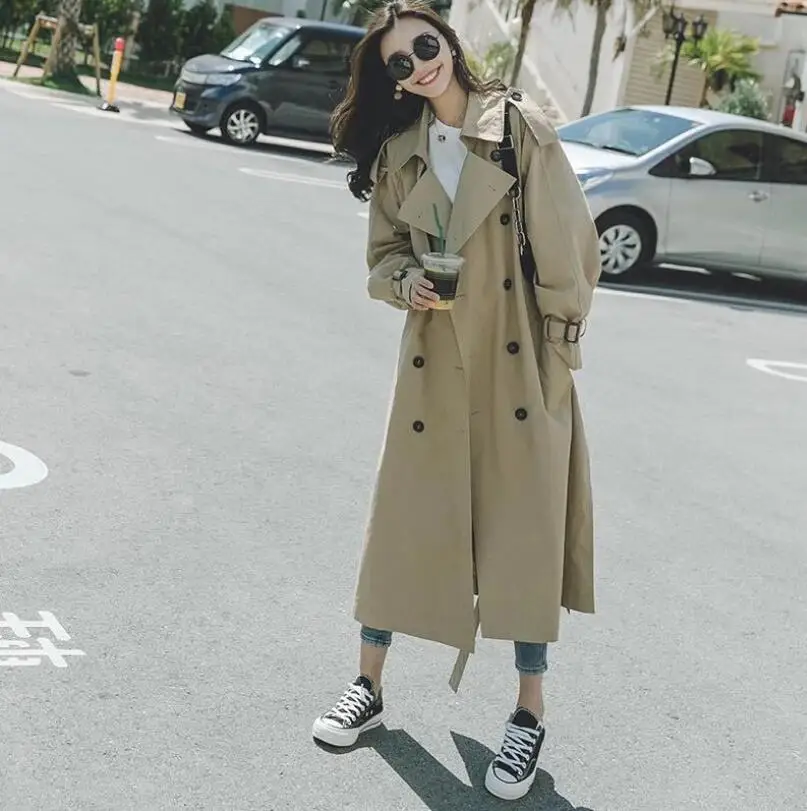 

Wild women's windbreaker jacket 2019 autumn double-breasted loose cloak over knee Parker coat long khaki robes coat Boutique