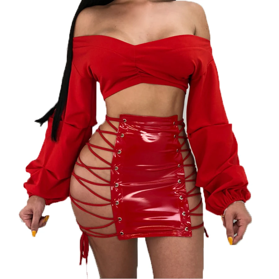 

New Design PU Leather Skirt Women Eyelet Lace Up Pencil Skirt Solid Summer Mini Skirt