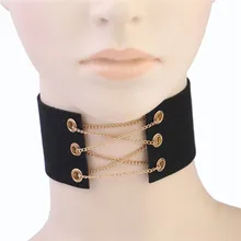 2017 New Wide Glamorous Black Velvet Choker With Gold Chains Sexy Statement Necklace Link Chain Lace Up Chokers for women lace wide adjustable choker necklace