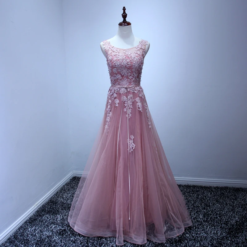 Appliques Crystal Long Prom Dresses 2017 A-line dusty pink Tulle lace les robes de bal Evening Party Graduation Dress | Свадьбы и