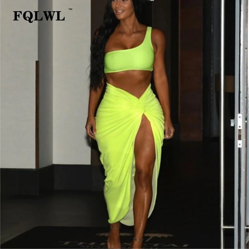 

FQLWL One Off Shoulder Split Two Piece Party Dress Women Pleated Backless Long Bodycon Dress Black/Red/Yellow/ Sexy Club Dresses