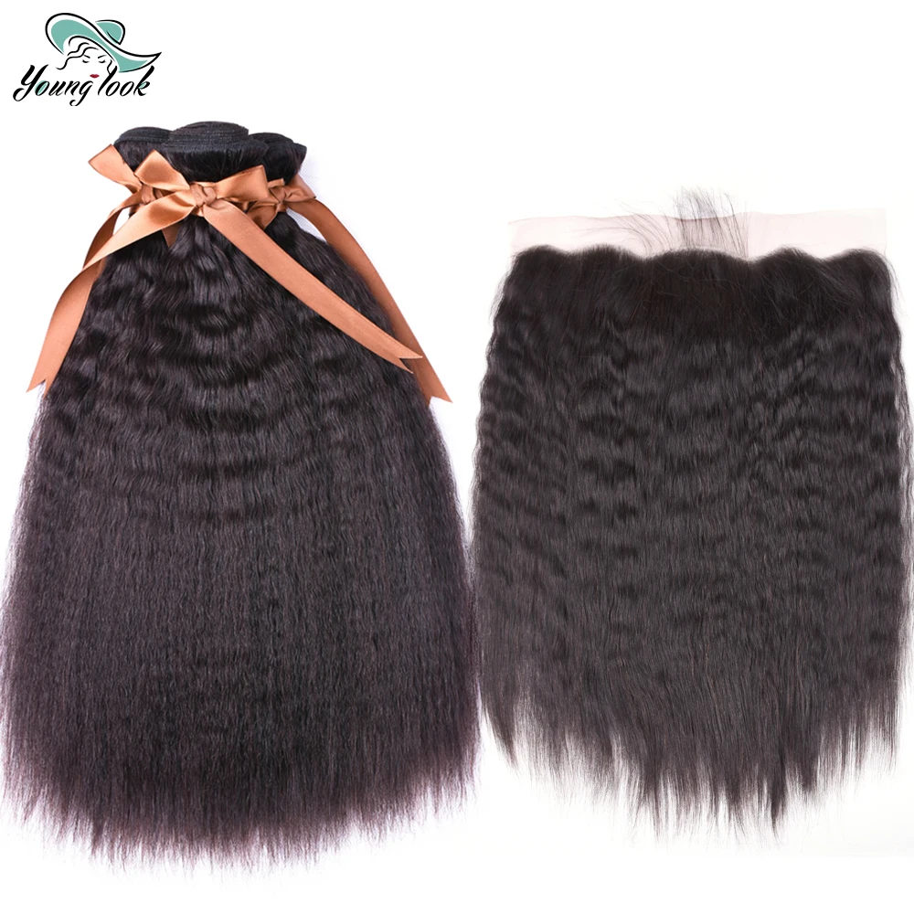 

Young Look Kinky Straight hair 13*4 With Baby Hair NonRemy Brazilian 100% Human Hair 3 Bundles With Lace Front For Black women