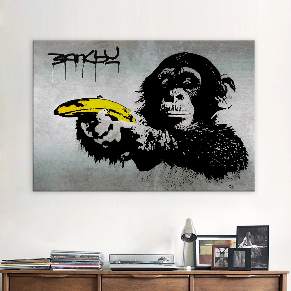 Холст Искусство Бэнкси Граффити живопись шимпанзе Холдинг банан настенные картины для гостиной домашний декор с принтом