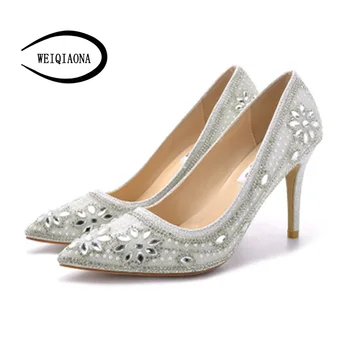 

WEIQIAONA 2019 New Spring Big Size 33-41 Women Shoes Brand Design Luxury Crystal Pointed Toe Pumps Ladies Wedding Shoes Dress