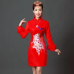 Китайский Стиль свадебные мини Cheongsam ретро Тонкий Вечерние вечернее платье брак платье Qipao Мода кружева леди одежда Vestidos красный