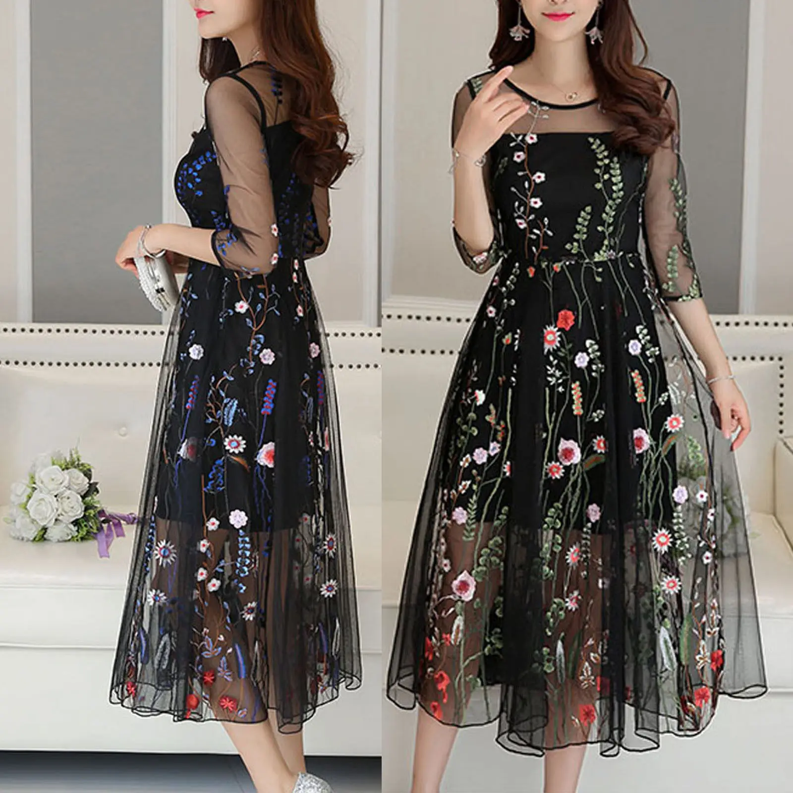 

Womens Dress Tulle Mesh Embroidery Evening Wedding Beach Sundress M-4XL Plus Szie Floral Formal Cocktail Split