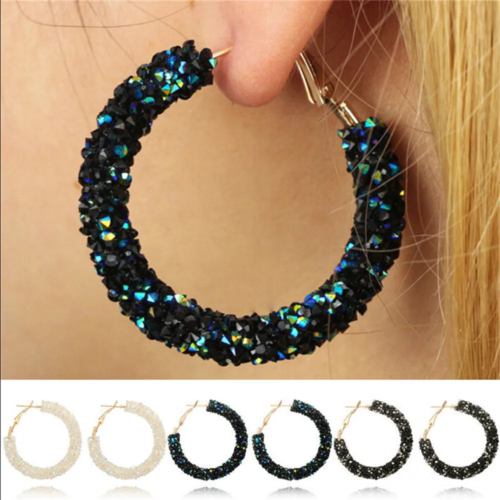 

New Fashion Vintage Circle Round Crystal Hoop Earrings For Women Simple Design Blue Rhinestone Party Jewelry A012