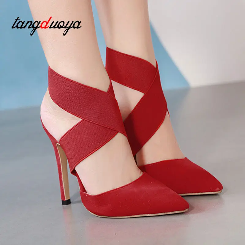 womens high heels party shoes women pumps high heels pointed toe pumps ankle strap shoes black red tacones mujer sexy altos