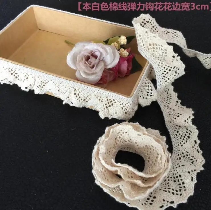 

3 Meters 100% Cotton Elastic Lace Trim Knitting Wide Ruffle Beige Cotton Lace Fabric Free ship