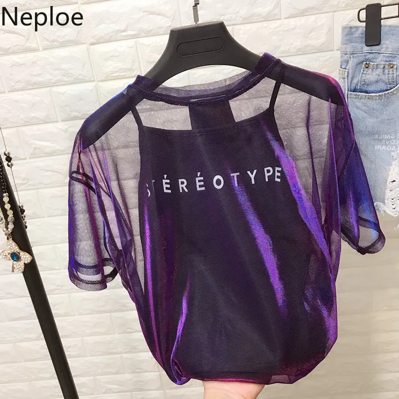 

Neploe Women Girls Sexy Gauze Shirts T-Shirt See-through Letter Tops Blusas 2019 Korean Female Clothes 2 Piece Set T Shirt 39763