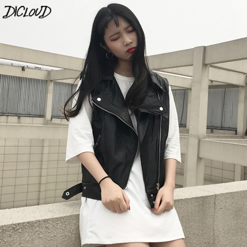 

DICLOUD Vintage Pu Leather Vest Women Motorcycle Loose Coats Ladies Sleeveless Vest Jackets Woman Korean Autumn Black Coats New