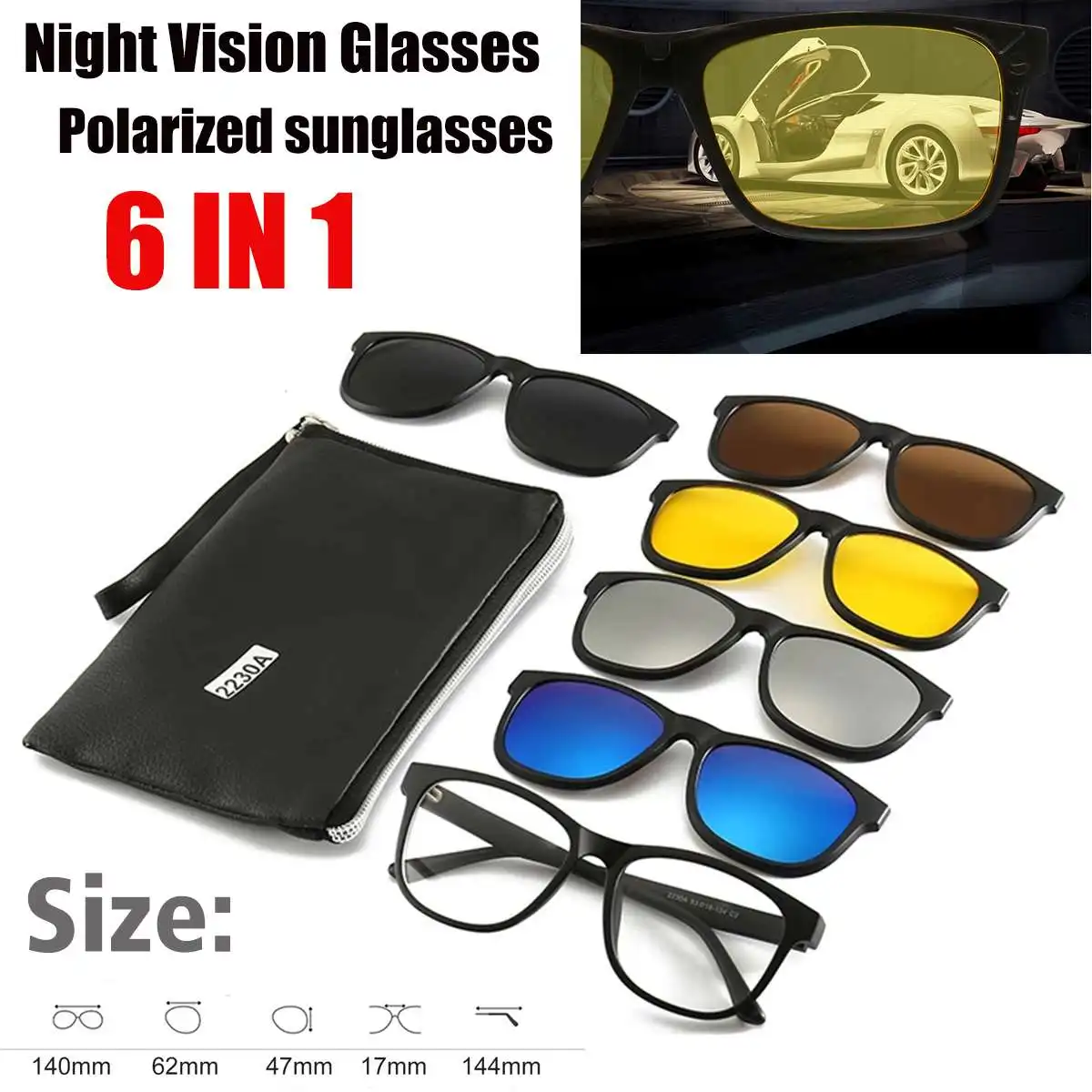 6 IN 1 Night Vision Glasses Polarized Sunglasses Retro Frame Eyewear Night Vision Driving Optical Glasses With Carry Bag 2230A