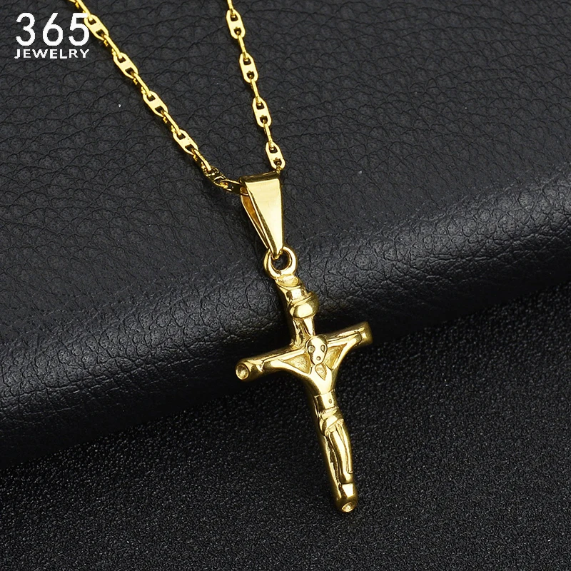 Religious Jewelry Gold Color Stainless Steel Jesus Cross Women Necklace