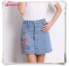 2017-Summer-Fashion-Floral-Embroidery-Denim-Skirt-Womens-High-Waist-Jean-Skirt-Anti-exposure-Button-Up