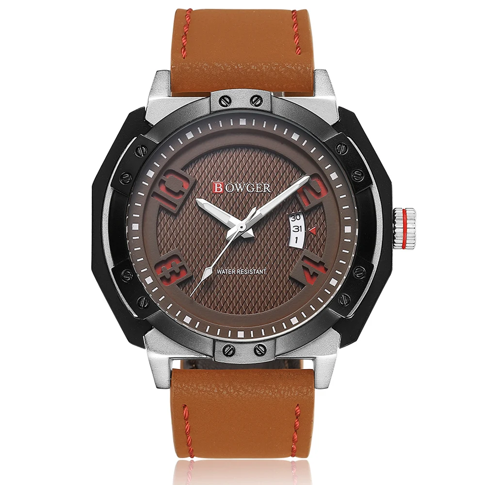 2018 BOWGER Men's Fashion Sport Watches Men Quartz Analog Date Clock Man Leather Military Waterproof Watch Relogio Masculino (15)